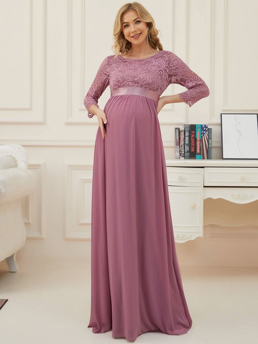 Color=Orchid | Glamouröse halbe Ärmel Rundhalsausschnitt V zurück bestickt Mutterschaft formale Kleid-Orchid 3