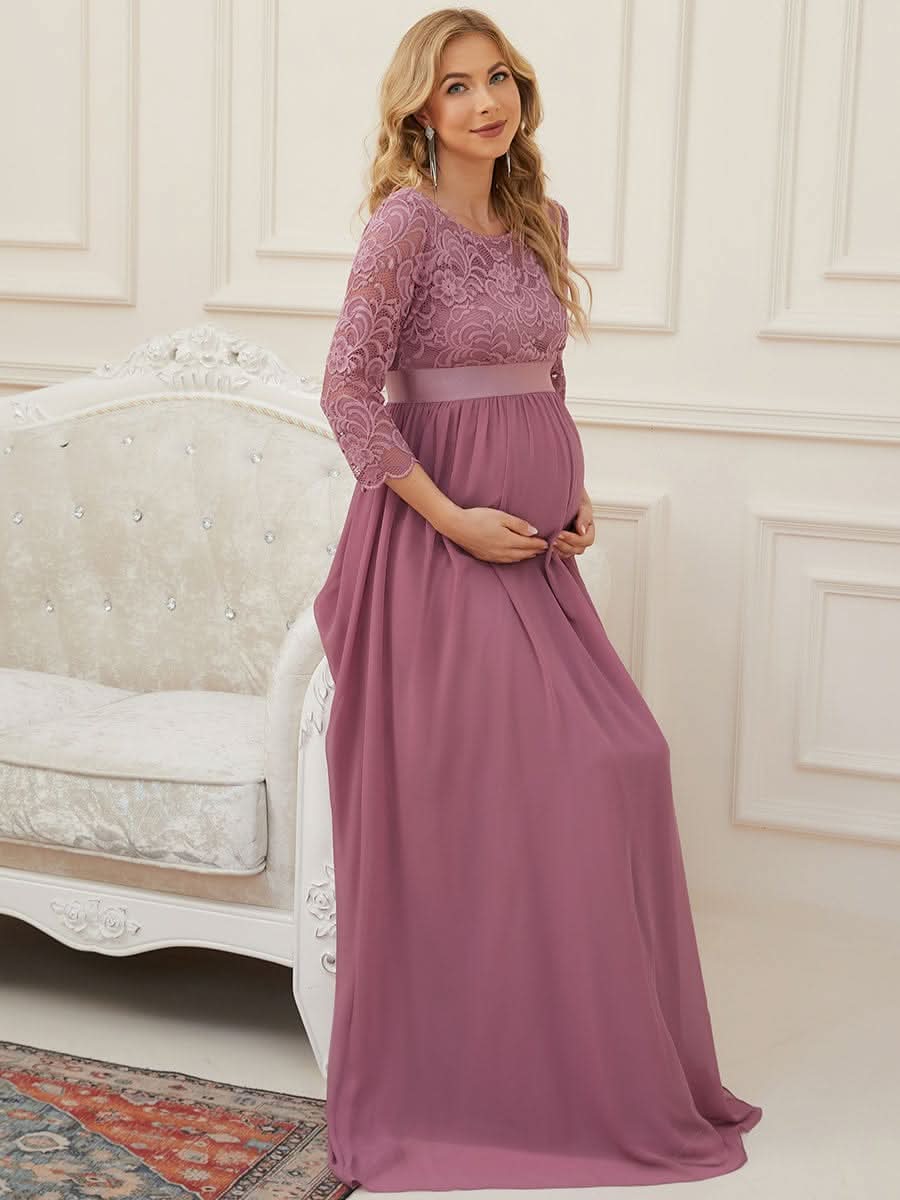 Color=Orchid | Glamouröse halbe Ärmel Rundhalsausschnitt V zurück bestickt Mutterschaft formale Kleid-Orchid 4