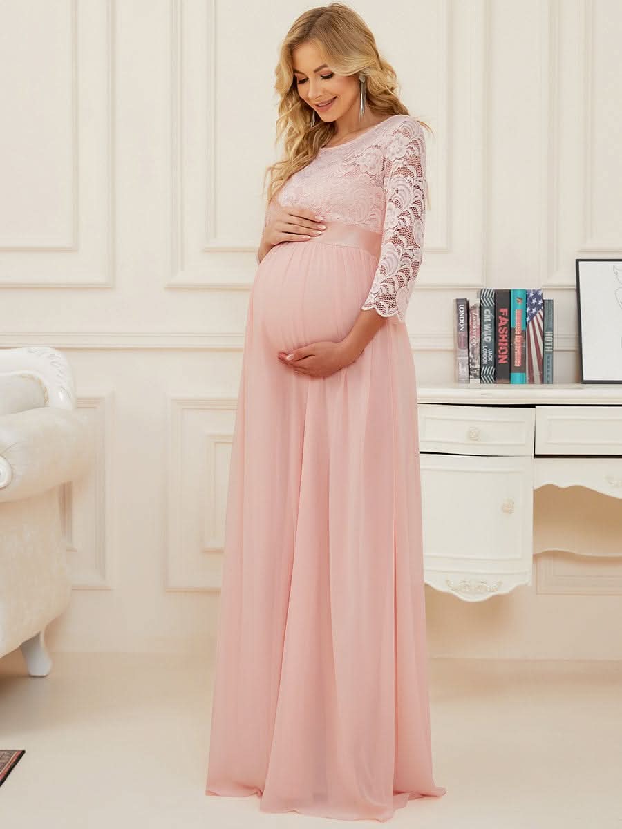 Color=Rosa | Glamouröse halbe Ärmel Rundhalsausschnitt V zurück bestickt Mutterschaft formale Kleid-Rosa 3
