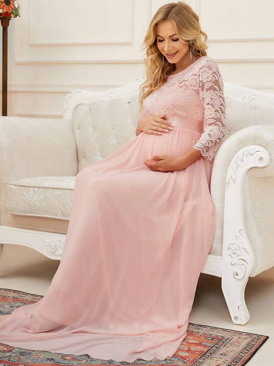 Color=Rosa | Glamouröse halbe Ärmel Rundhalsausschnitt V zurück bestickt Mutterschaft formale Kleid-Rosa 4