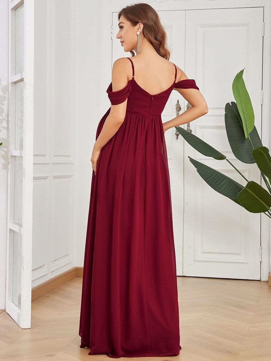 Color=Burgundy | Schulterfreies Maxi-Umstandskleid mit SpaghettitrÄgern-Burgundy 2