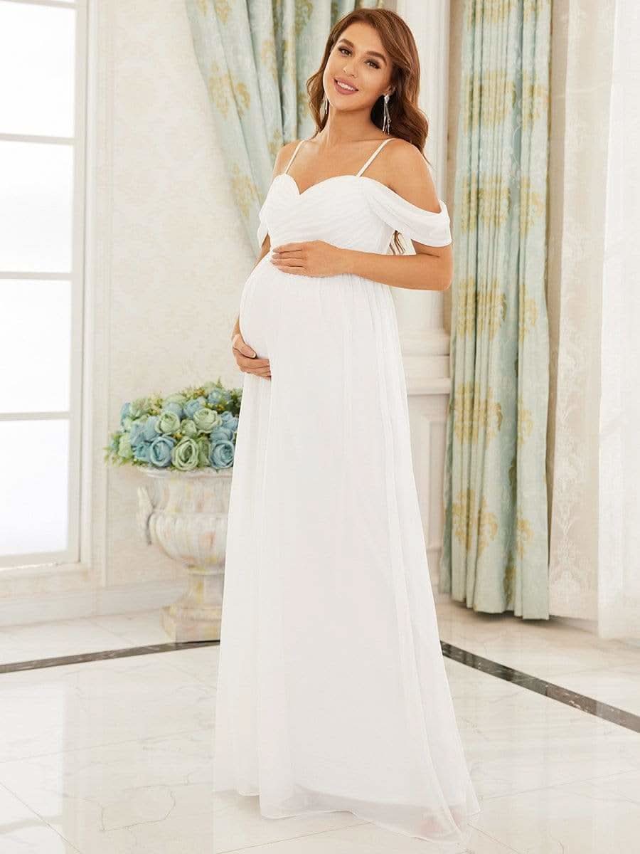 Color=Cream | Schulterfreies Maxi-Umstandskleid mit SpaghettitrÄgern-Cream 3