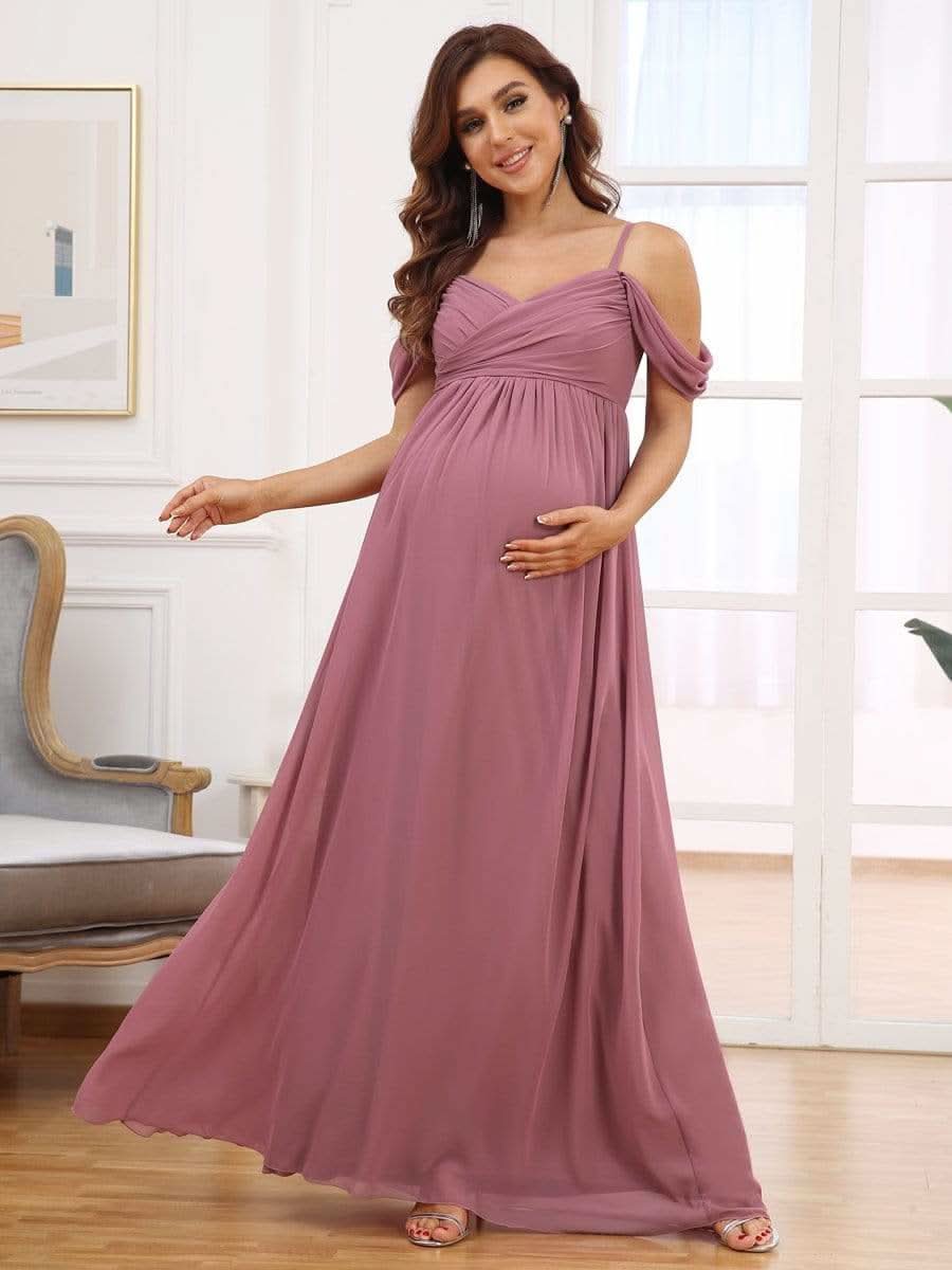 Color= Orchid |Schulterfreies Maxi-Umstandskleid mit SpaghettitrÄgern- Orchid 5
