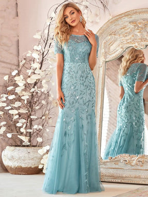 Color=Dusty Blau | Frauen Floral Pailletten Print Fishtail Tüll Kleider Ez07707-Dusty Blau 1