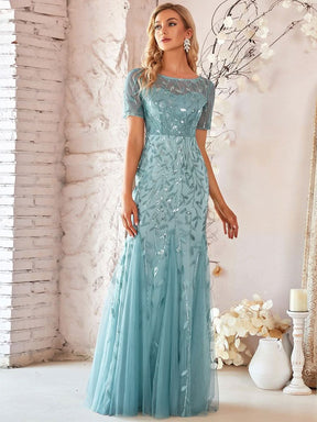 Color=Dusty Blau | Frauen Floral Pailletten Print Fishtail Tüll Kleider Ez07707-Dusty Blau 4