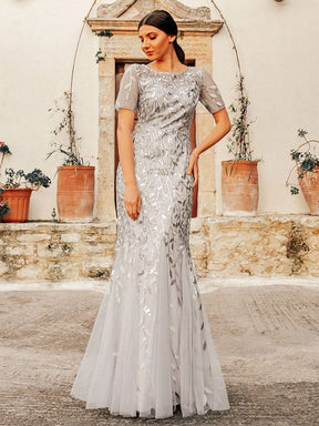 COLOR=	Silver | Frauen Floral Pailletten Print Fishtail Tüll Kleider Ez07707-Silver 3