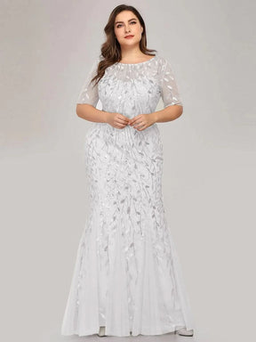 COLOR=Weiss | Frauen Floral Pailletten Print Fishtail Tüll Kleider Ez07707-Weiss 4