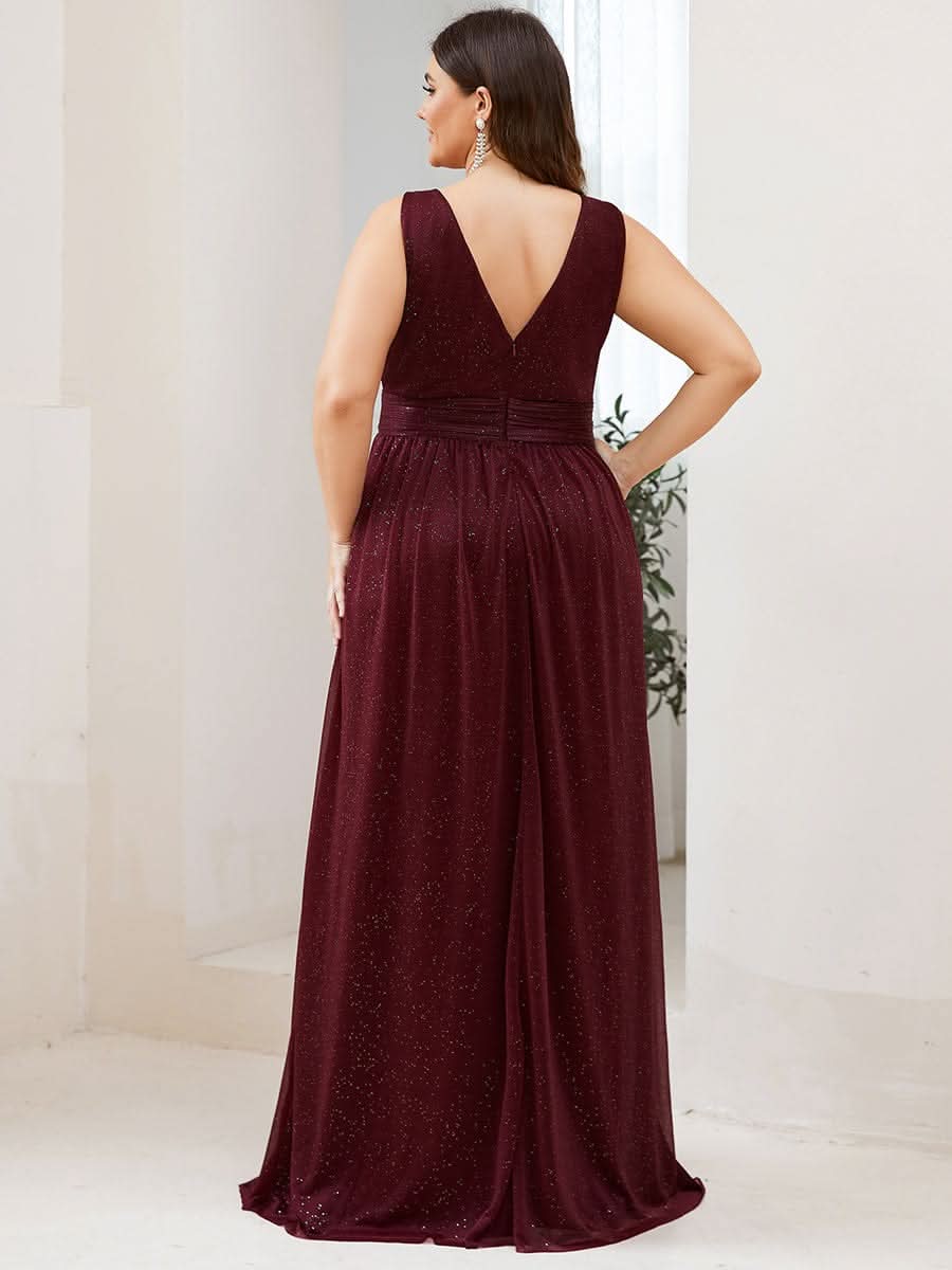Doppelter V-Ausschnitt Lange Chiffon A-Linie Hochzeitsgast Kleider #Farbe_Burgundy