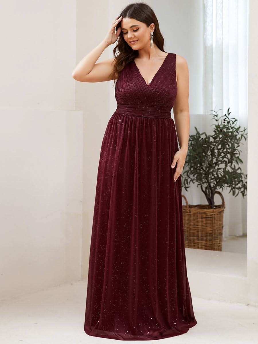 Doppelter V-Ausschnitt Lange Chiffon A-Linie Hochzeitsgast Kleider #Farbe_Burgundy