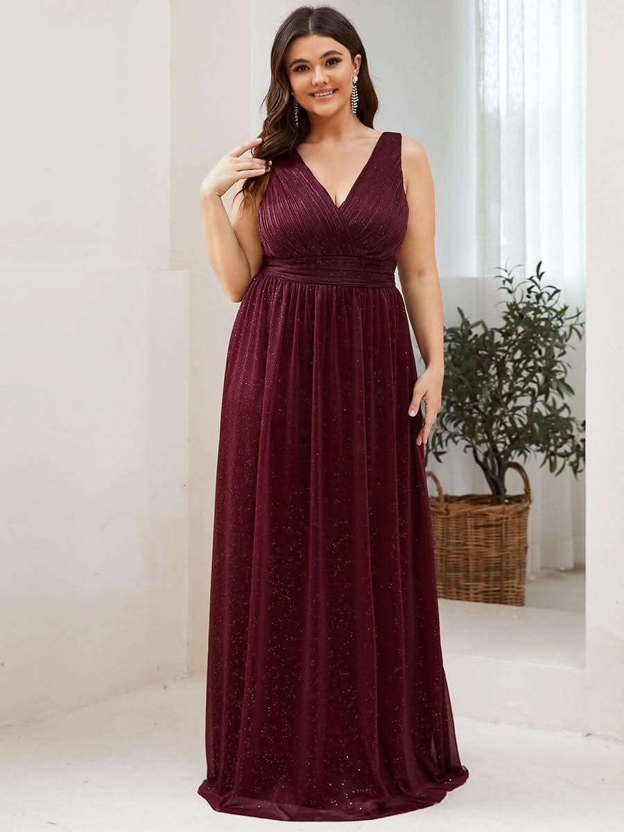 Doppelter V-Ausschnitt Lange Chiffon A-Linie Hochzeitsgast Kleider #Farbe_Burgundy
