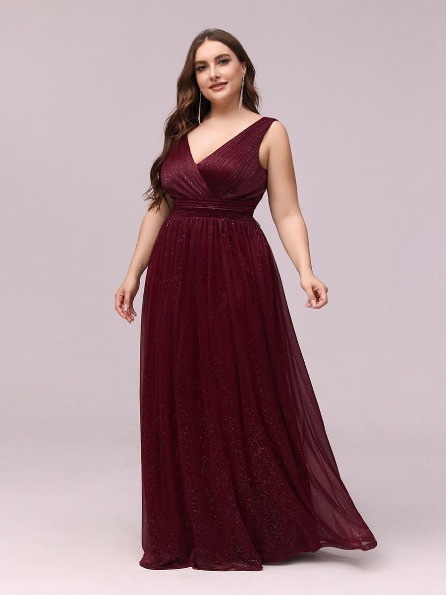 V-Ausschnitt Ärmelloses Chiffon A-Linie Lang Hochzeitsgast Kleider Große Größen #Farbe_Burgundy