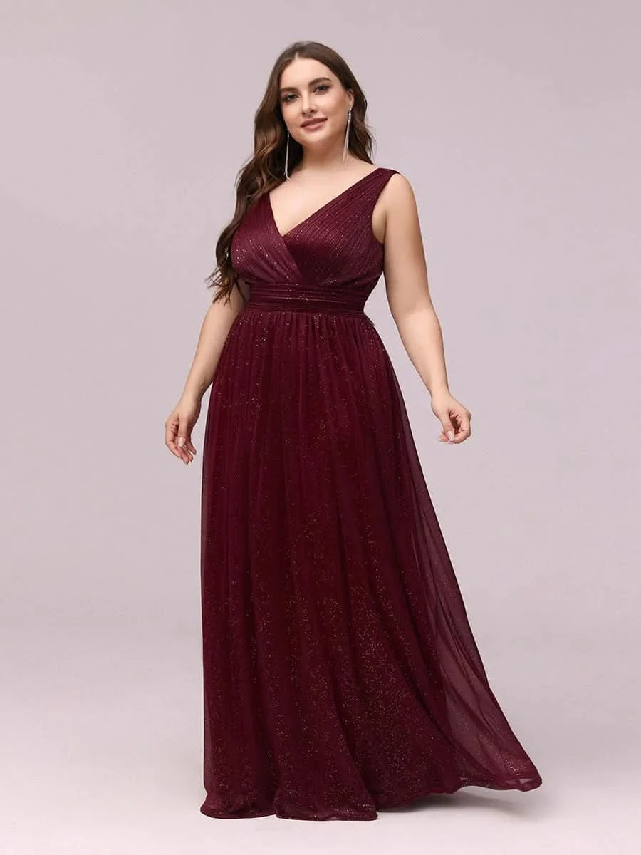 V-Ausschnitt Ärmelloses Chiffon A-Linie Lang Hochzeitsgast Kleider Große Größen #Farbe_Burgundy