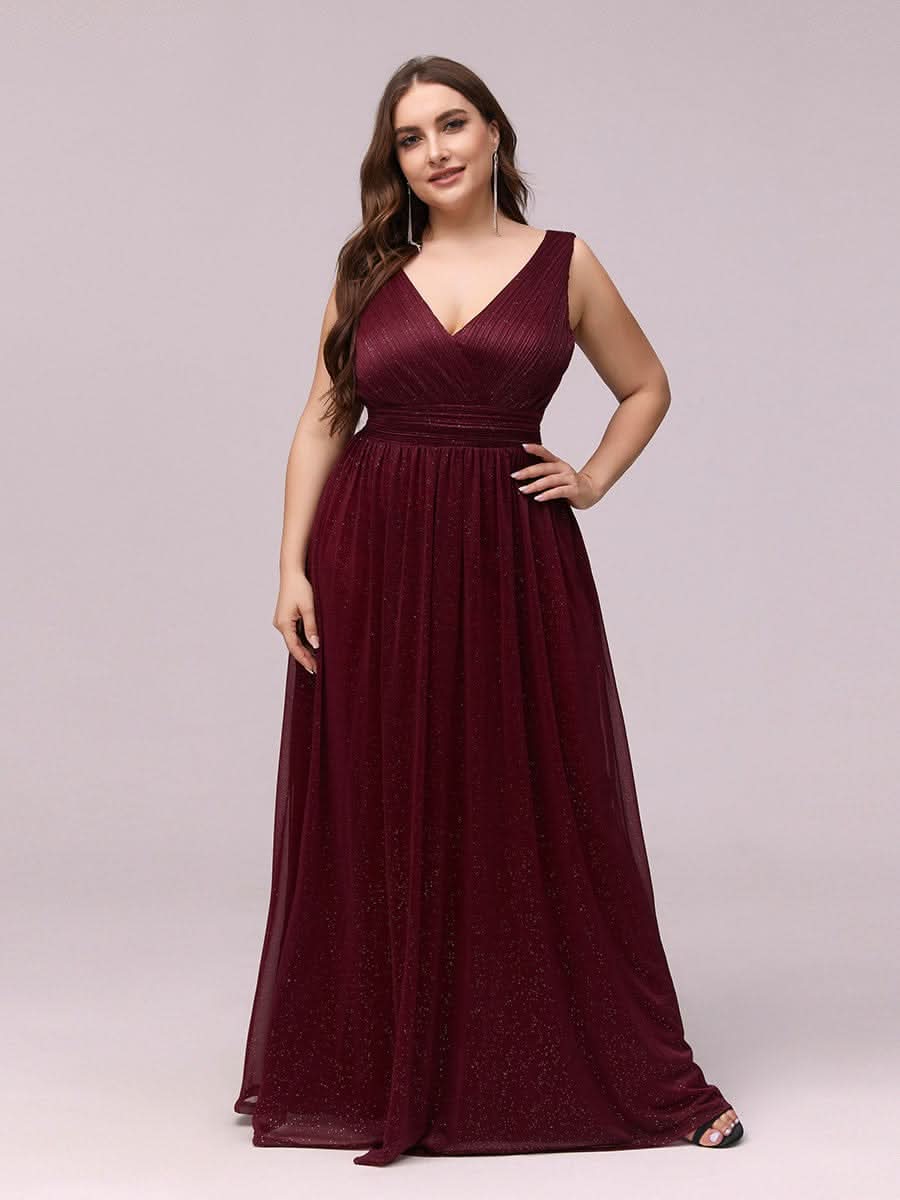 Plus Size Elegante V-neck Schulterfrei Abendkleider EZ07764 #Farbe_Burgundy