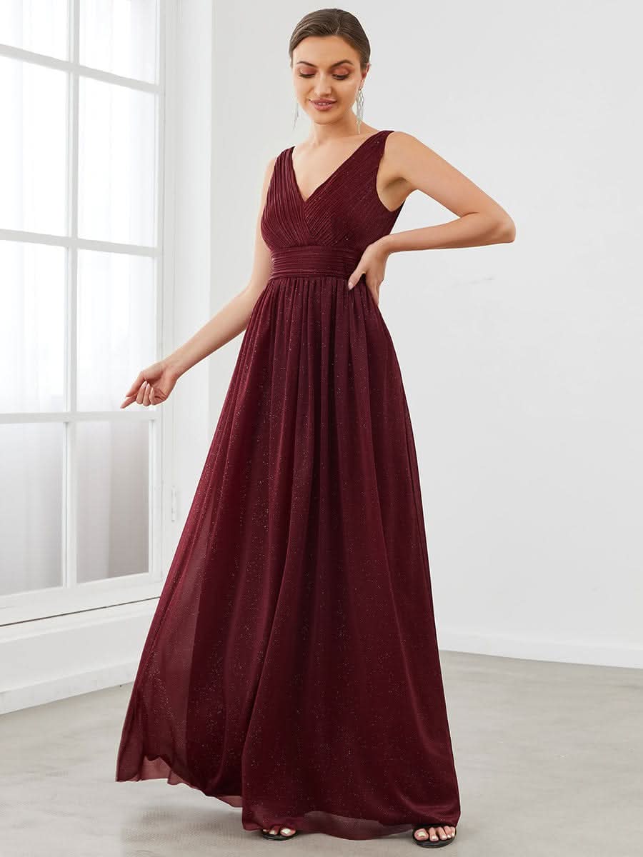 Doppelter V-Ausschnitt Lange Chiffon A-Linie Hochzeitsgast Kleider #Farbe_Burgundy