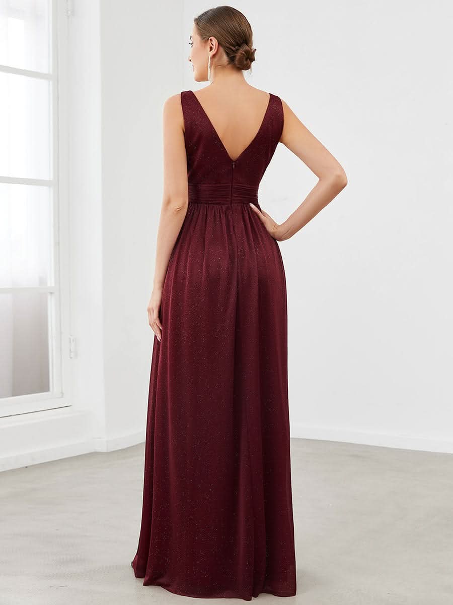 Doppelter V-Ausschnitt Lange Chiffon A-Linie Hochzeitsgast Kleider #Farbe_Burgundy