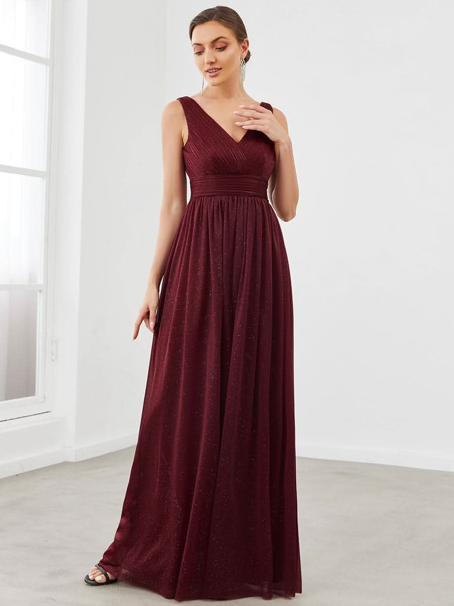 Doppelter V-Ausschnitt Lange Chiffon A-Linie Hochzeitsgast Kleider #Farbe_Burgundy