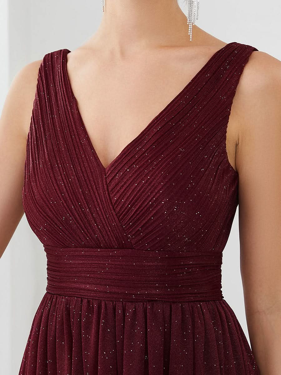 Doppelter V-Ausschnitt Lange Chiffon A-Linie Hochzeitsgast Kleider #Farbe_Burgundy