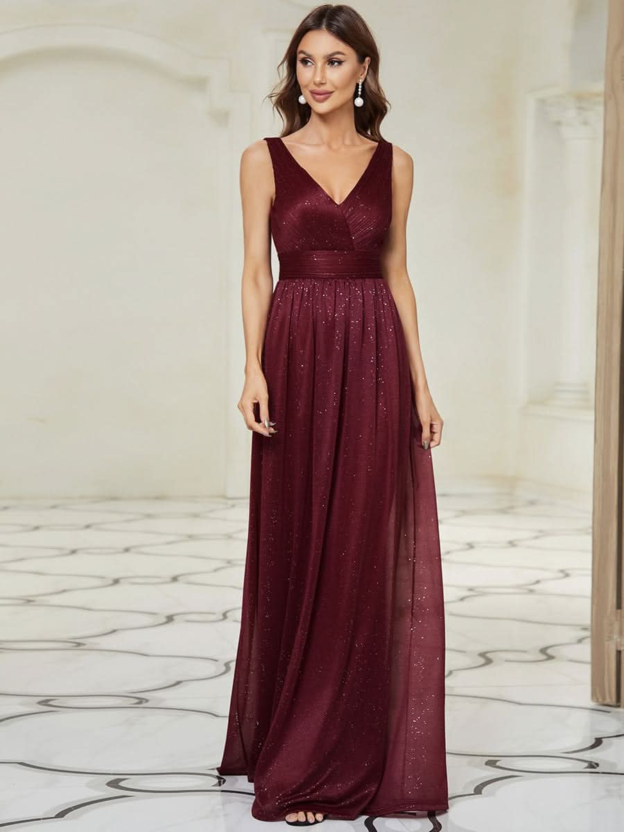 Doppelter V-Ausschnitt Lange Chiffon A-Linie Hochzeitsgast Kleider #Farbe_Burgundy