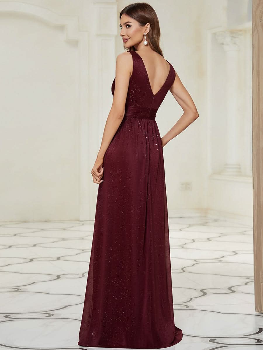 Doppelter V-Ausschnitt Lange Chiffon A-Linie Hochzeitsgast Kleider #Farbe_Burgundy