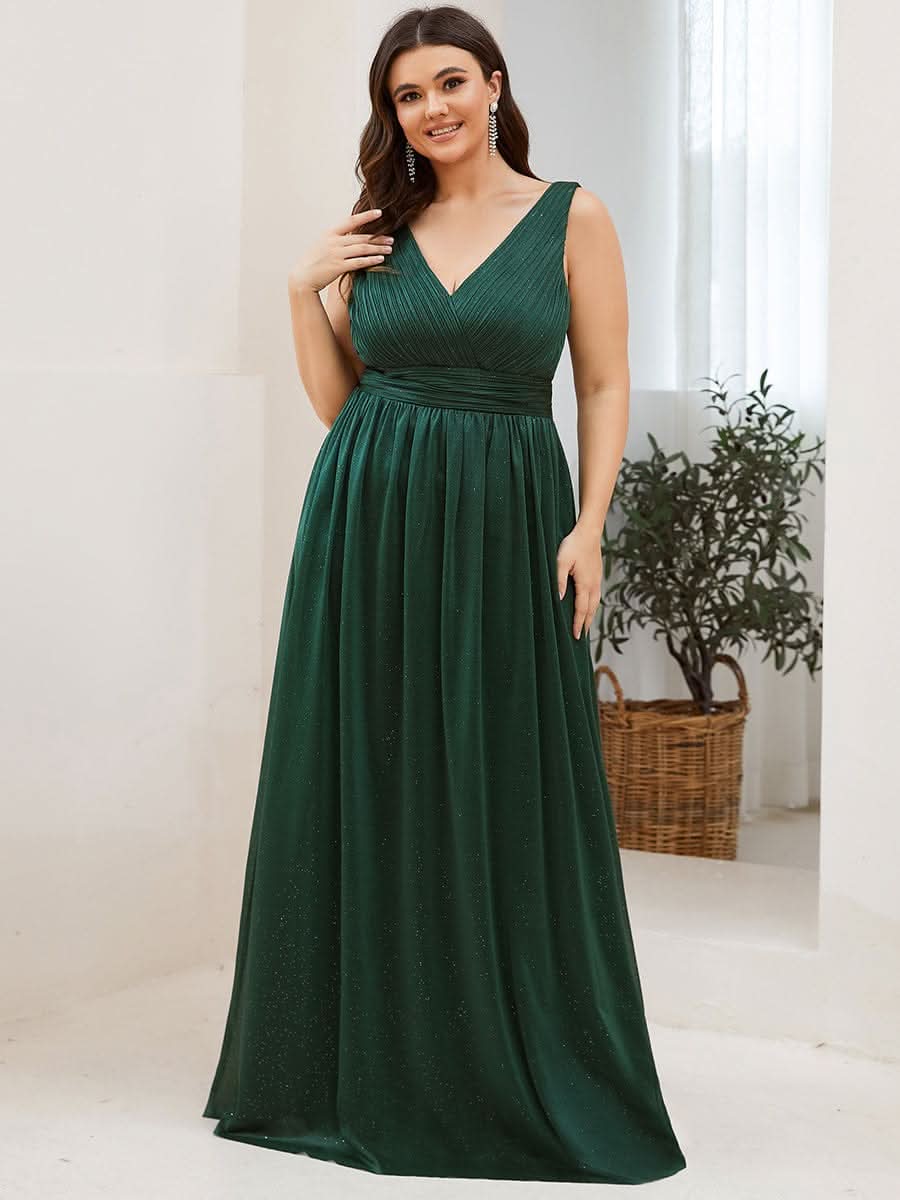 Doppelter V-Ausschnitt Lange Chiffon A-Linie Hochzeitsgast Kleider #Farbe_Dunkel Gruen