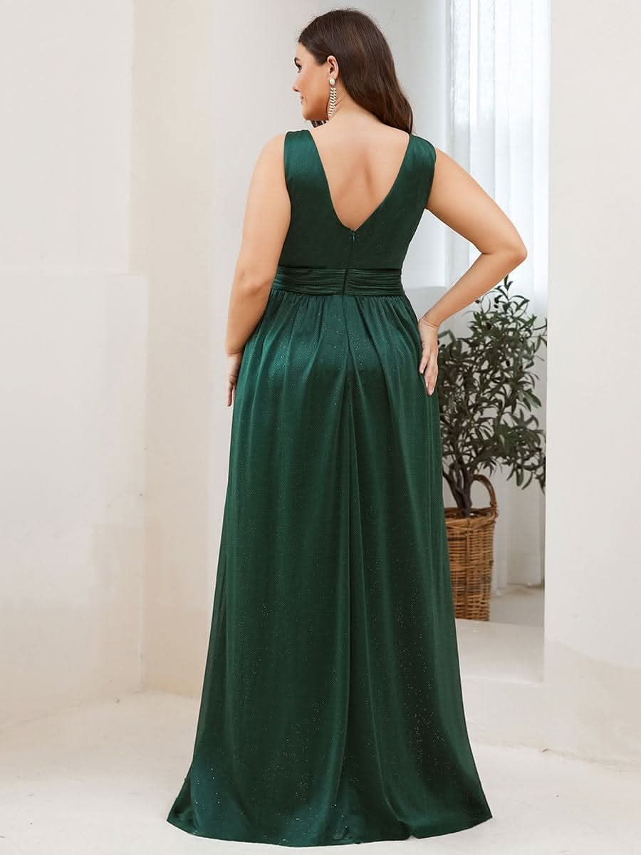 Doppelter V-Ausschnitt Lange Chiffon A-Linie Hochzeitsgast Kleider #Farbe_Dunkel Gruen