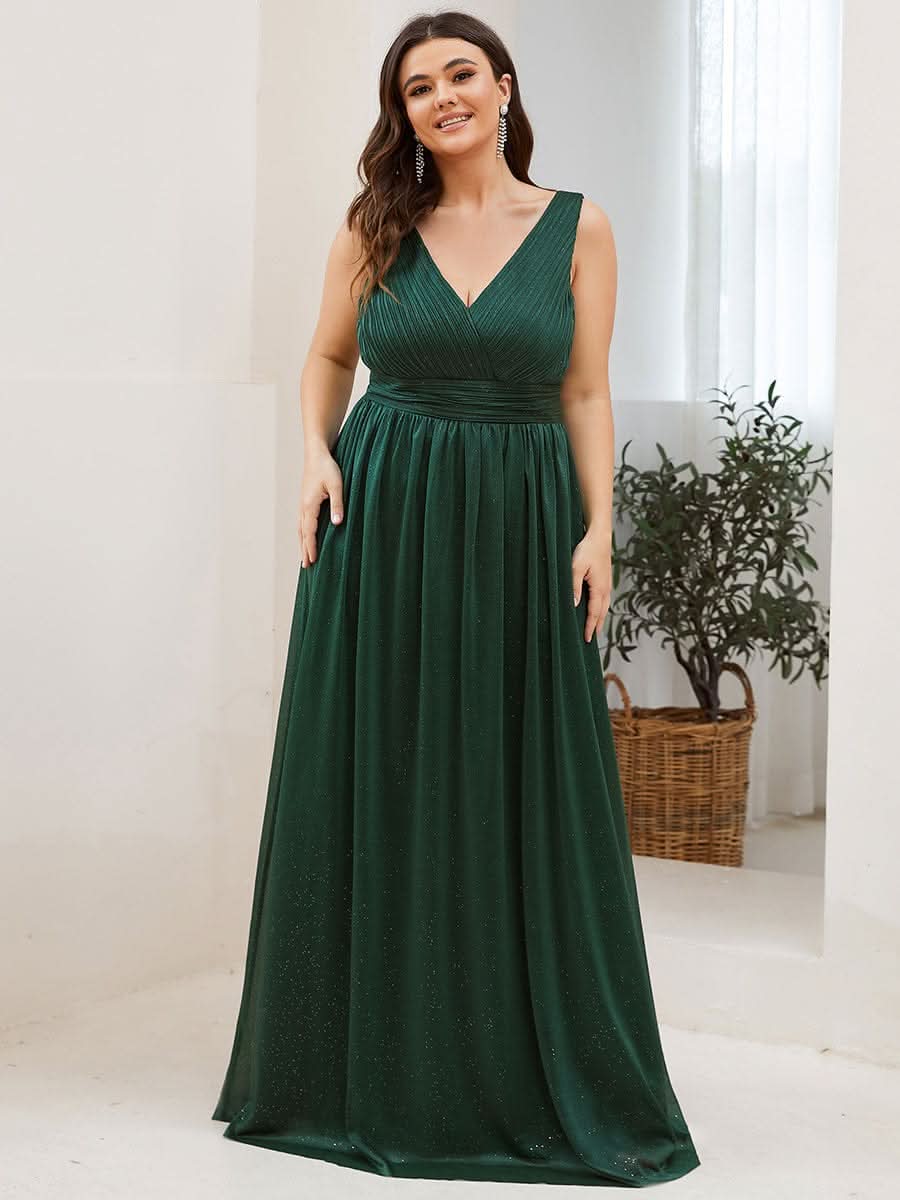 Doppelter V-Ausschnitt Lange Chiffon A-Linie Hochzeitsgast Kleider #Farbe_Dunkel Gruen