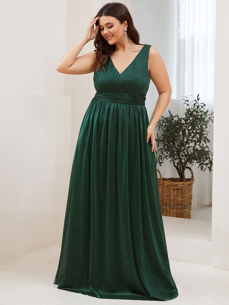 Doppelter V-Ausschnitt Lange Chiffon A-Linie Hochzeitsgast Kleider #Farbe_Dunkel Gruen