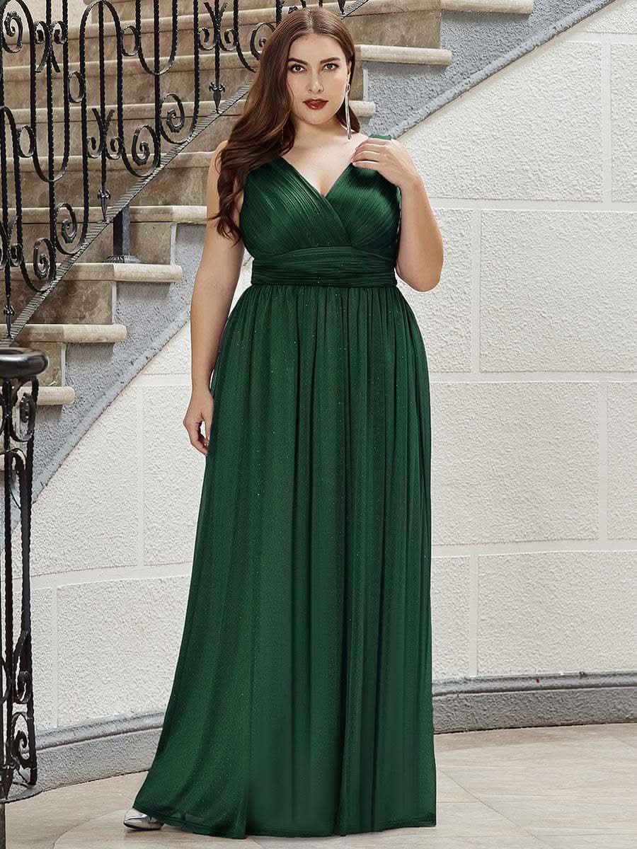 Plus Size Elegante V-neck Schulterfrei Abendkleider EZ07764 #Farbe_Dunkel Gruen