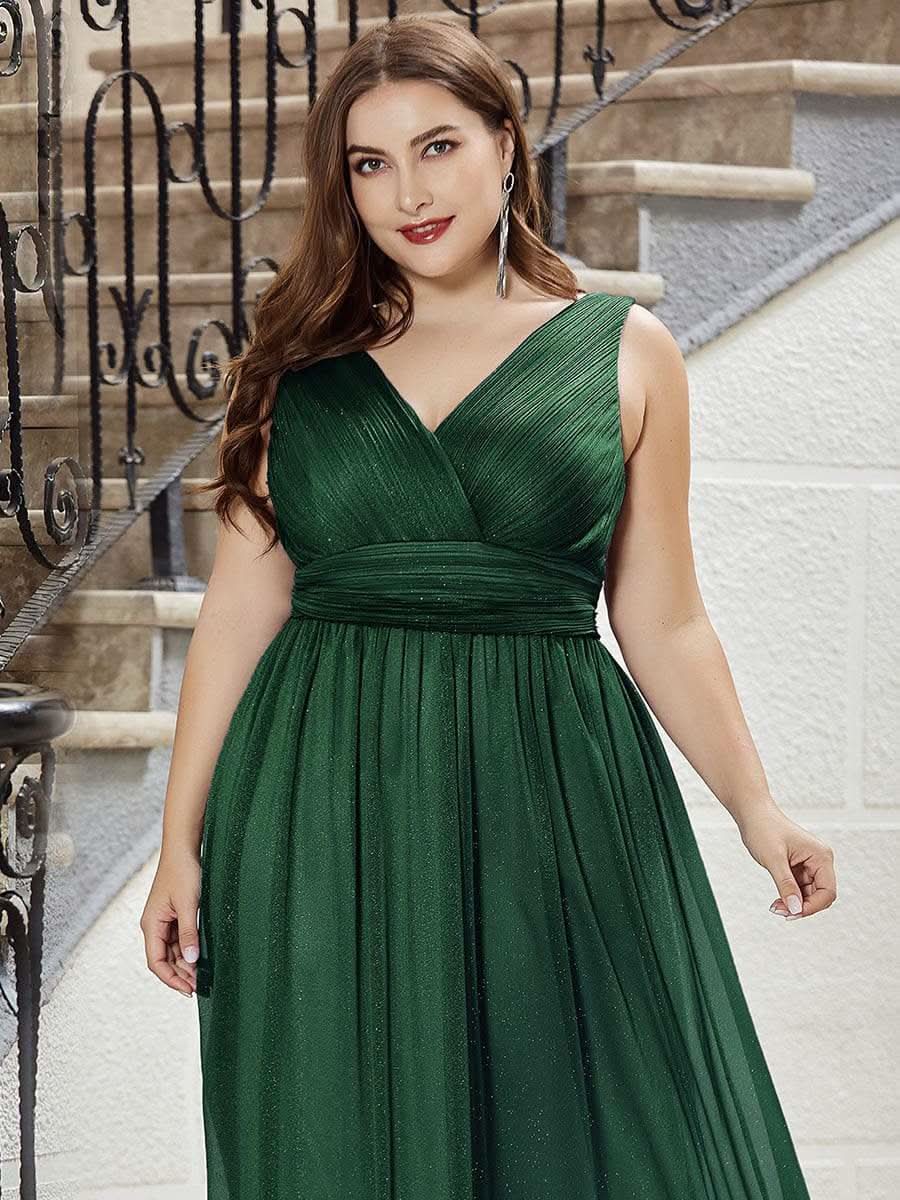 V-Ausschnitt Lange Chiffon A-Linie Brautjungfernkleider Große Größen #Farbe_Dunkel Gruen