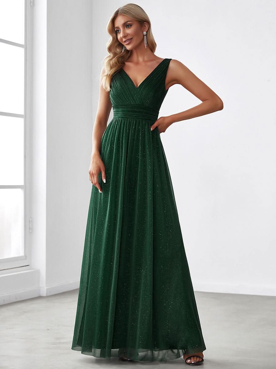 Doppelter V-Ausschnitt Lange Chiffon A-Linie Hochzeitsgast Kleider #Farbe_Dunkel Gruen