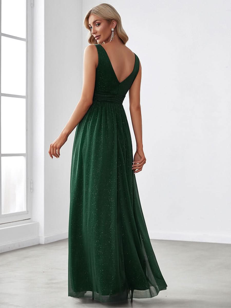 Doppelter V-Ausschnitt Lange Chiffon A-Linie Hochzeitsgast Kleider #Farbe_Dunkel Gruen