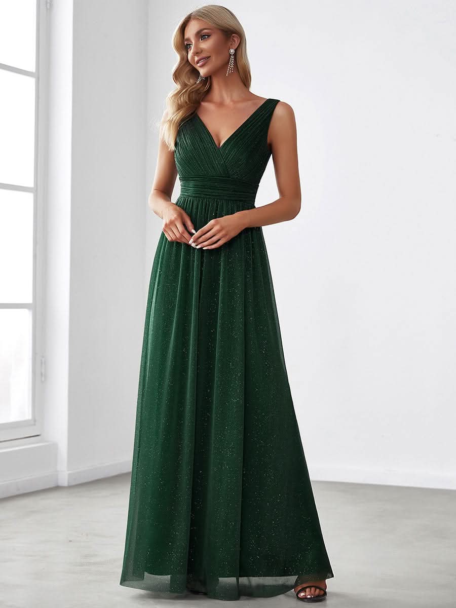 Doppelter V-Ausschnitt Lange Chiffon A-Linie Hochzeitsgast Kleider #Farbe_Dunkel Gruen