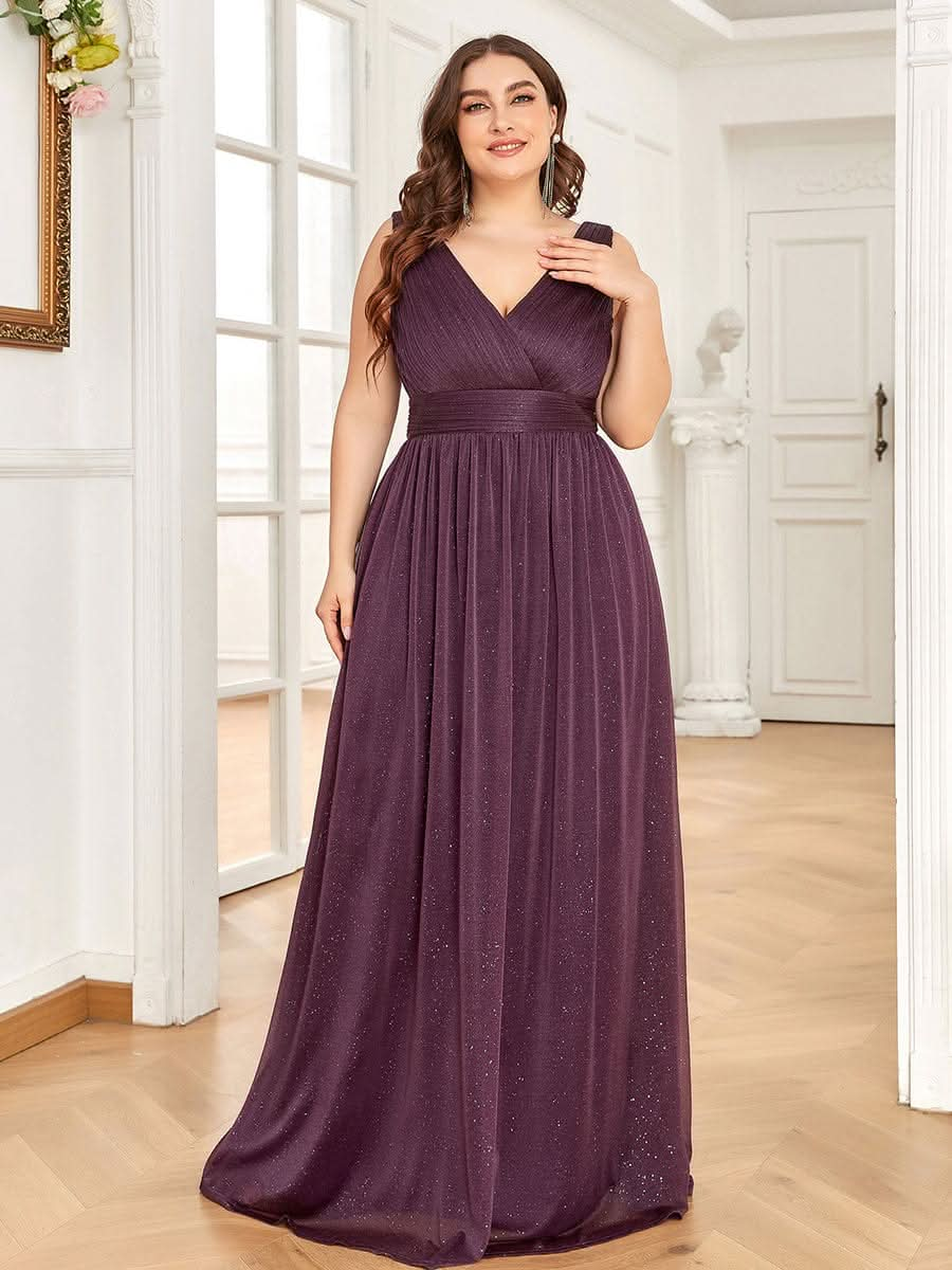 V-Ausschnitt Ärmelloses Chiffon A-Linie Lang Hochzeitsgast Kleider Große Größen #Farbe_Dunkel Violett