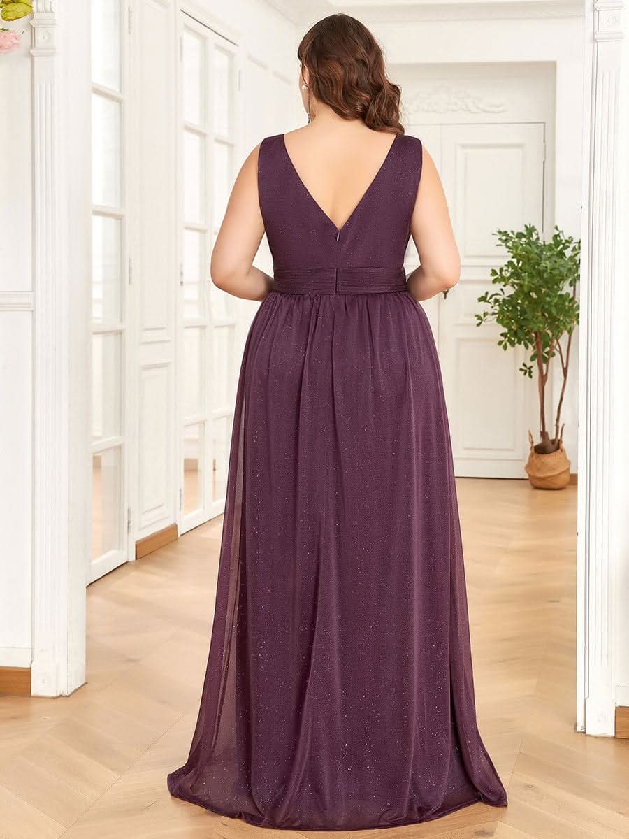 V-Ausschnitt Ärmelloses Chiffon A-Linie Lang Hochzeitsgast Kleider Große Größen #Farbe_Dunkel Violett