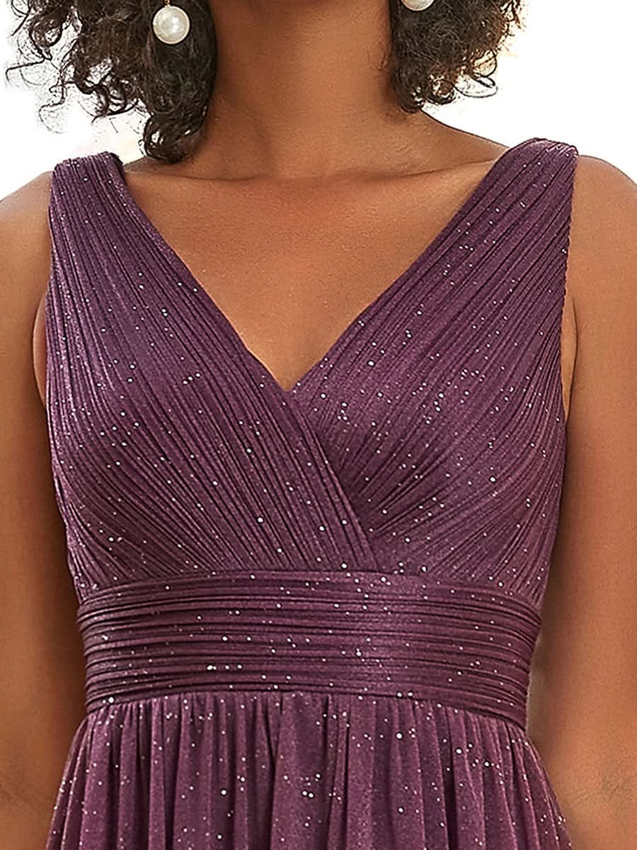 Doppelter V-Ausschnitt Lange Chiffon A-Linie Hochzeitsgast Kleider #Farbe_Dunkel Violett