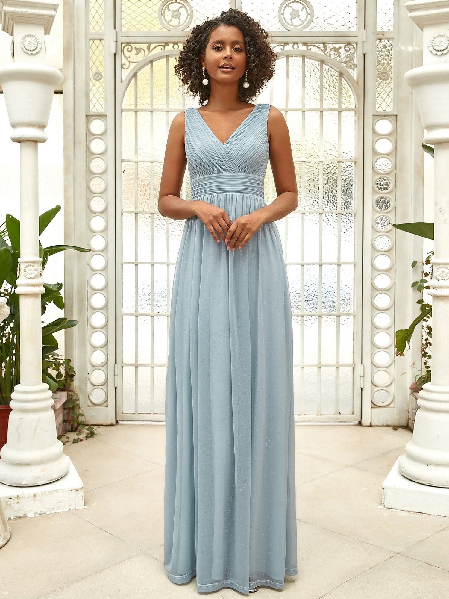 Damen V-Ausschnitt Lange Chiffon Brautjungfernkleider EZ07764 #Farbe_Trubes Blau