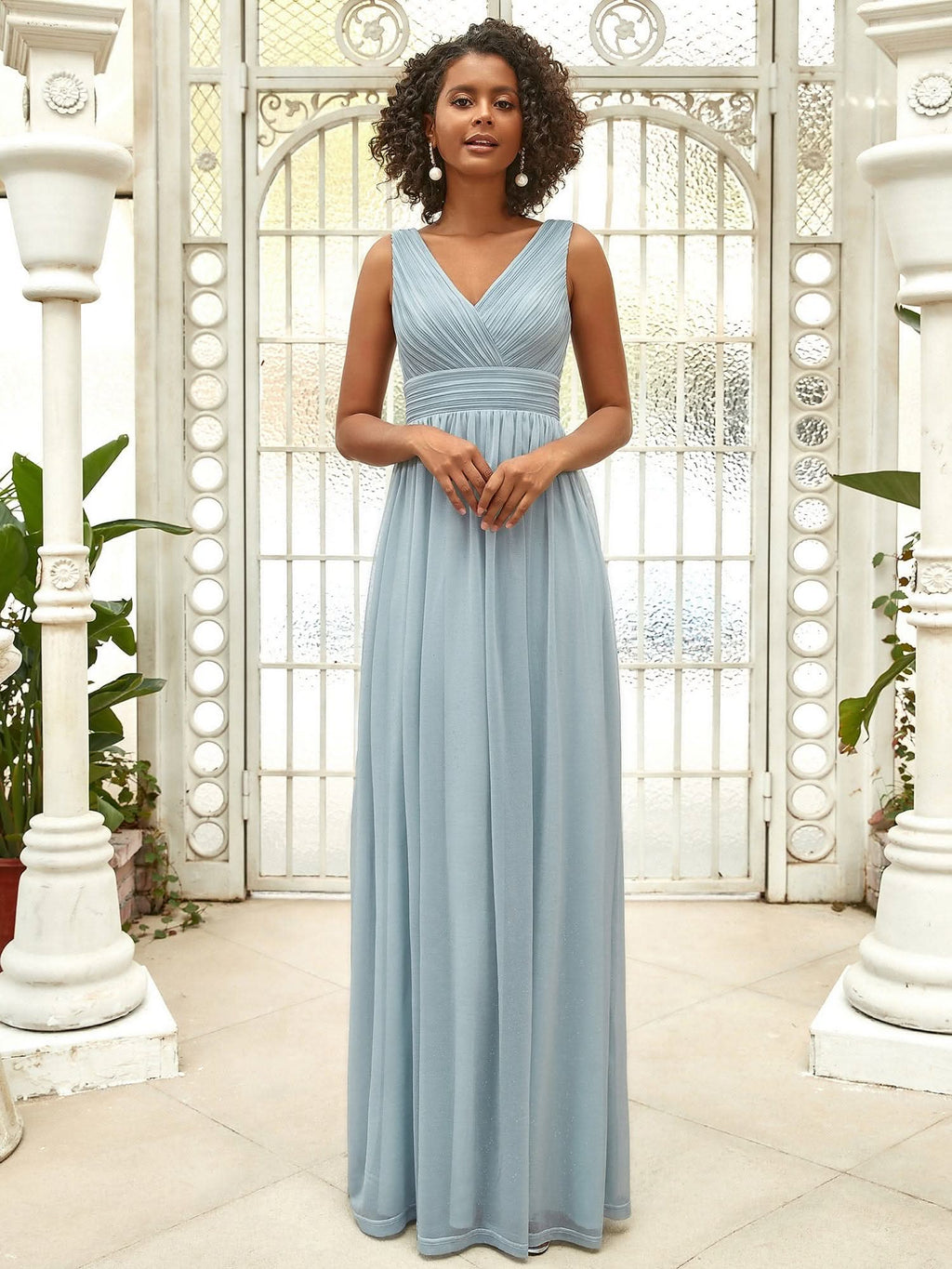 Doppelter V-Ausschnitt Lange Chiffon A-Linie Hochzeitsgast Kleider EZ07764 #Farbe_Trubes Blau