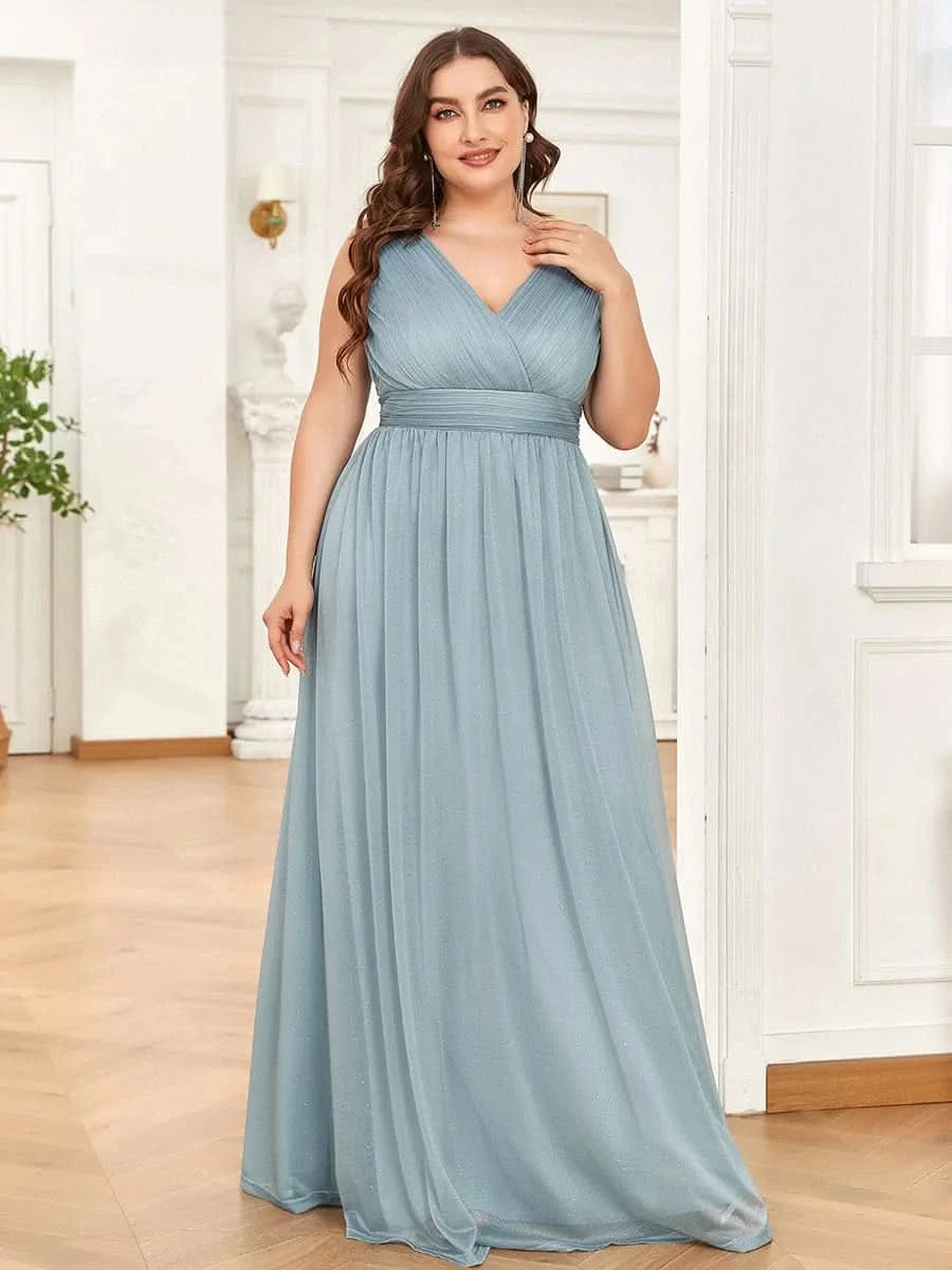 V-Ausschnitt Ärmelloses Chiffon A-Linie Lang Hochzeitsgast Kleider Große Größen #Farbe_Trubes Blau