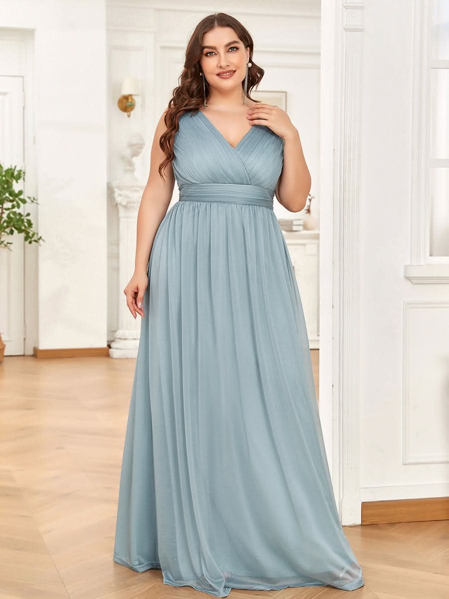 V-Ausschnitt Lange Chiffon A-Linie Brautjungfernkleider Große Größen #Farbe_Trubes Blau