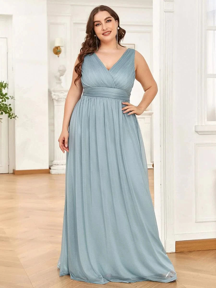 V-Ausschnitt Ärmelloses Chiffon A-Linie Lang Hochzeitsgast Kleider Große Größen #Farbe_Trubes Blau