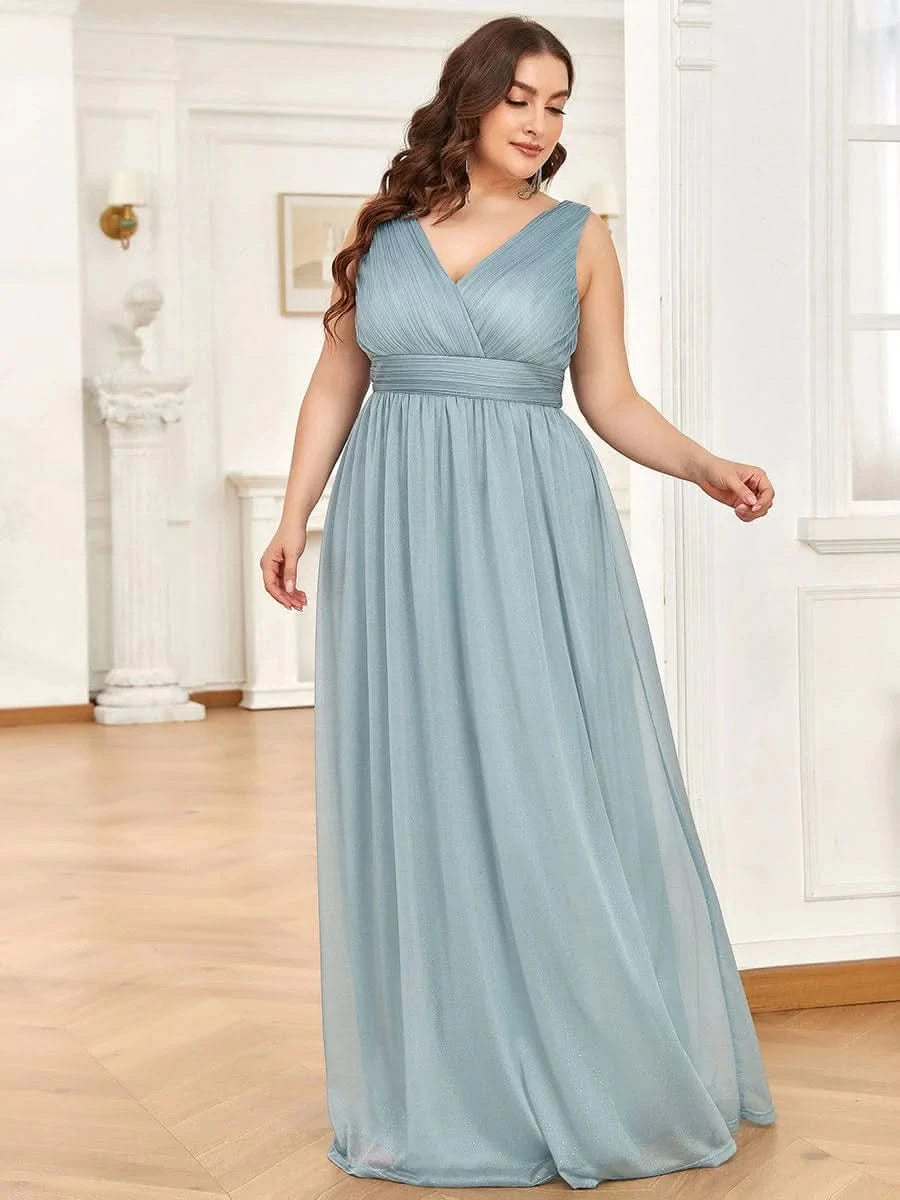 V-Ausschnitt Ärmelloses Chiffon A-Linie Lang Hochzeitsgast Kleider Große Größen #Farbe_Trubes Blau