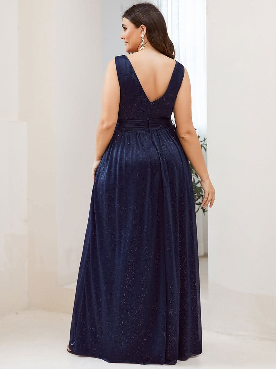 Doppelter V-Ausschnitt Lange Chiffon A-Linie Hochzeitsgast Kleider #Farbe_Navy Blau