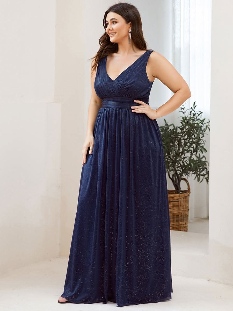 Doppelter V-Ausschnitt Lange Chiffon A-Linie Hochzeitsgast Kleider #Farbe_Navy Blau