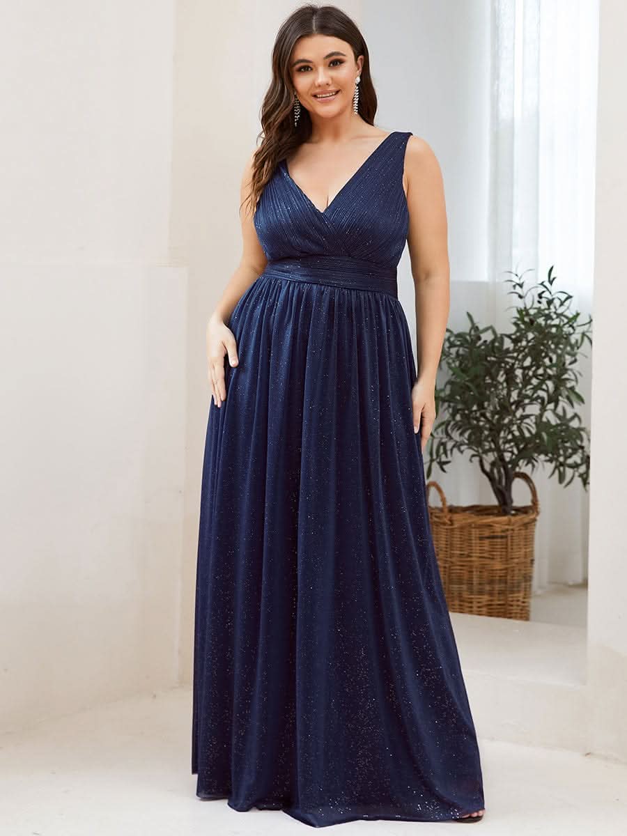 Doppelter V-Ausschnitt Lange Chiffon A-Linie Hochzeitsgast Kleider #Farbe_Navy Blau