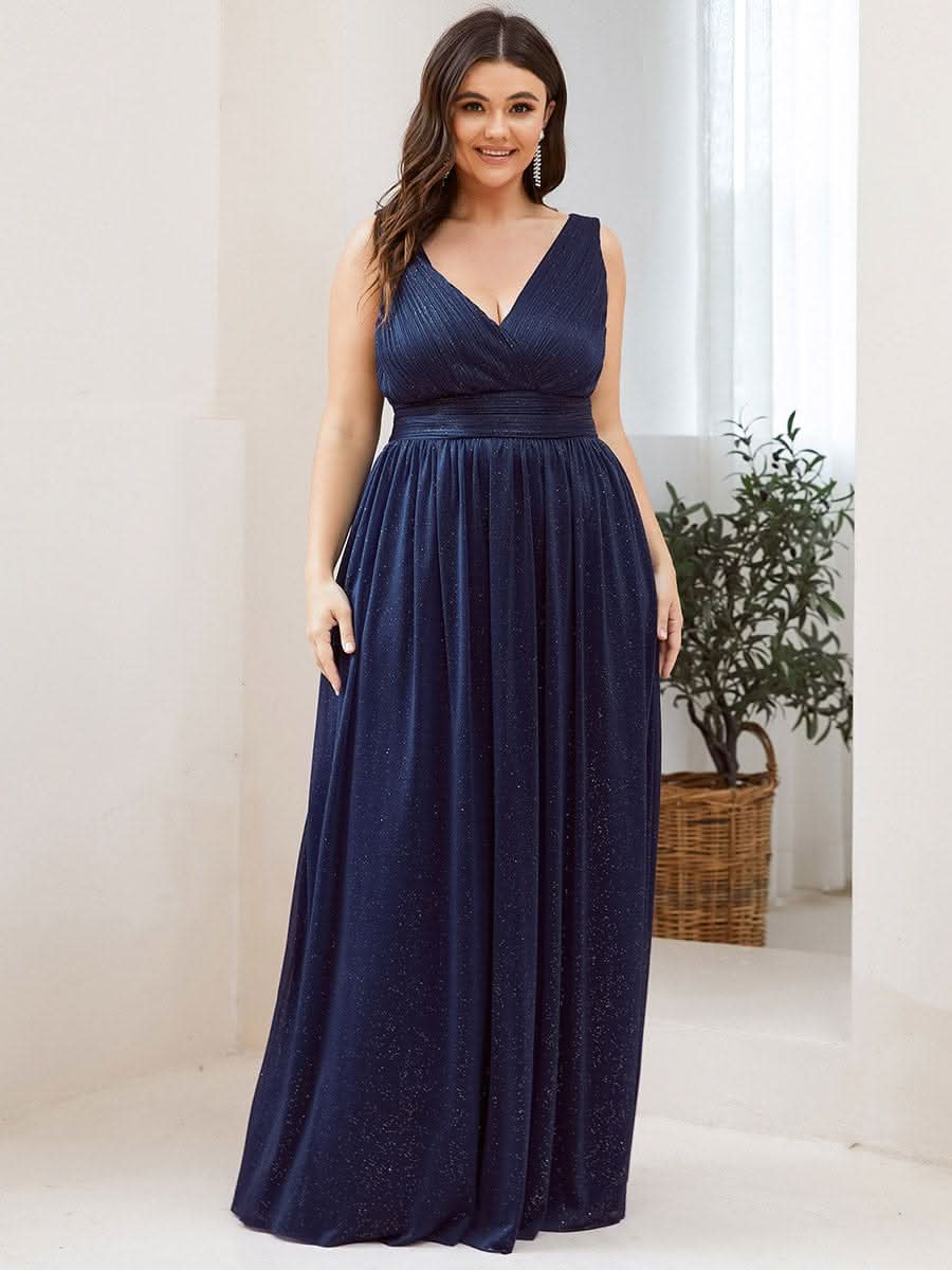Doppelter V-Ausschnitt Lange Chiffon A-Linie Hochzeitsgast Kleider #Farbe_Navy Blau