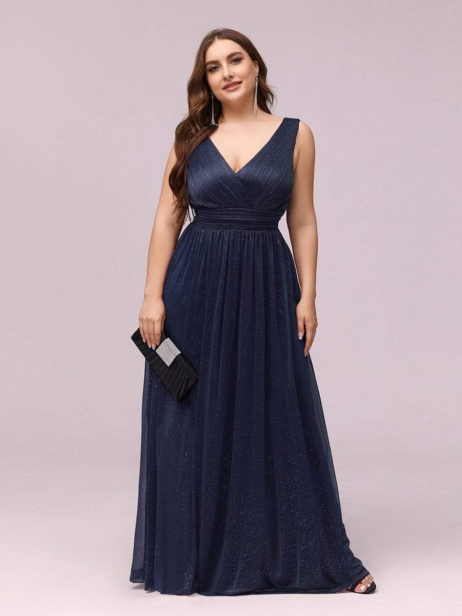 V-Ausschnitt Ärmelloses Chiffon A-Linie Lang Hochzeitsgast Kleider Große Größen #Farbe_Navy Blau