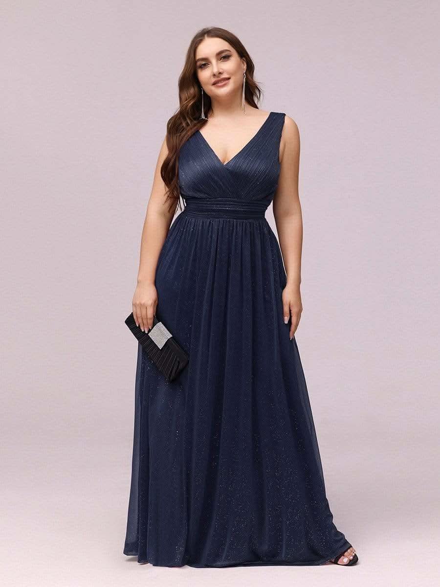 V-Ausschnitt Lange Chiffon A-Linie Brautjungfernkleider Große Größen #Farbe_Navy Blau