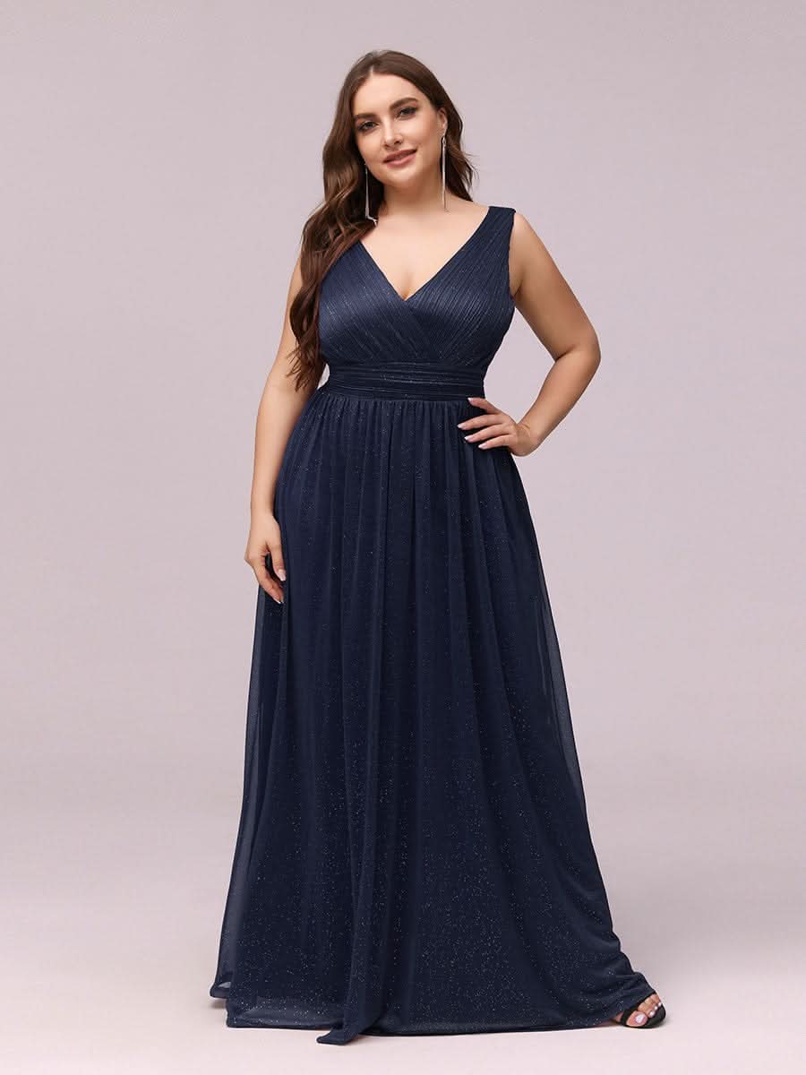 V-Ausschnitt Lange Chiffon A-Linie Brautjungfernkleider Große Größen #Farbe_Navy Blau