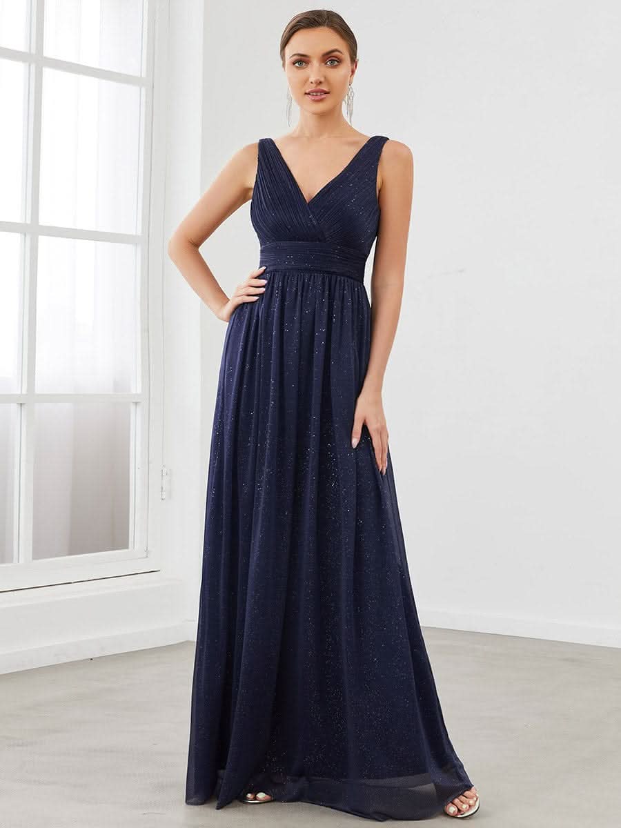Doppelter V-Ausschnitt Lange Chiffon A-Linie Hochzeitsgast Kleider #Farbe_Navy Blau