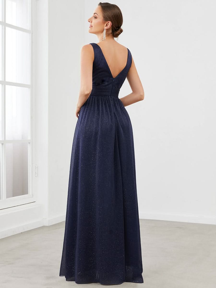 Doppelter V-Ausschnitt Lange Chiffon A-Linie Hochzeitsgast Kleider #Farbe_Navy Blau